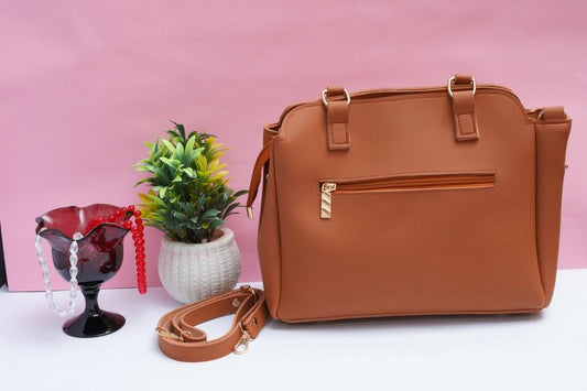 Brown PU Leather Shoulder Bag with Gold Hardware